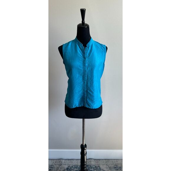 Eileen Fisher Women's Turquoise Silk Sleeveless Petit Bishop Collar Top Size PM - Picture 1 of 8